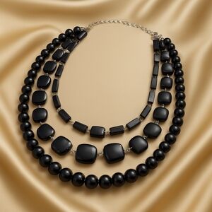 Triple-Strand Onyx Bead Necklace – Luxe Black Layered Statement Jewelry 19"